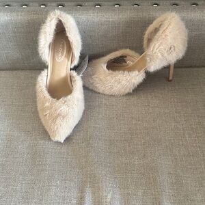 Faux Fur Pointed Toe D'Orsay Heels in Beige